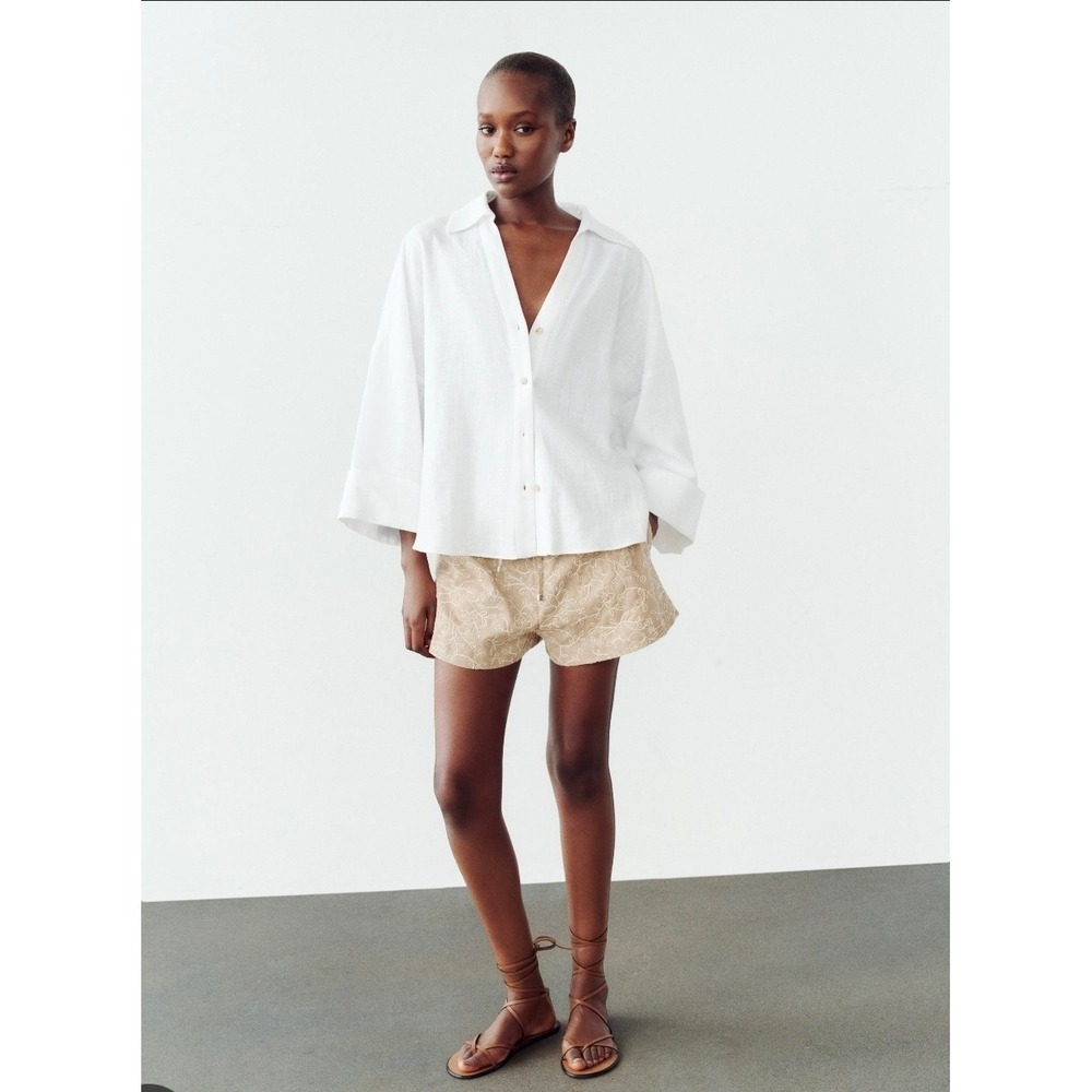 Zara White Linen Blend Oversized Tiered Sleeve Button Down Shirt XL 3437/734